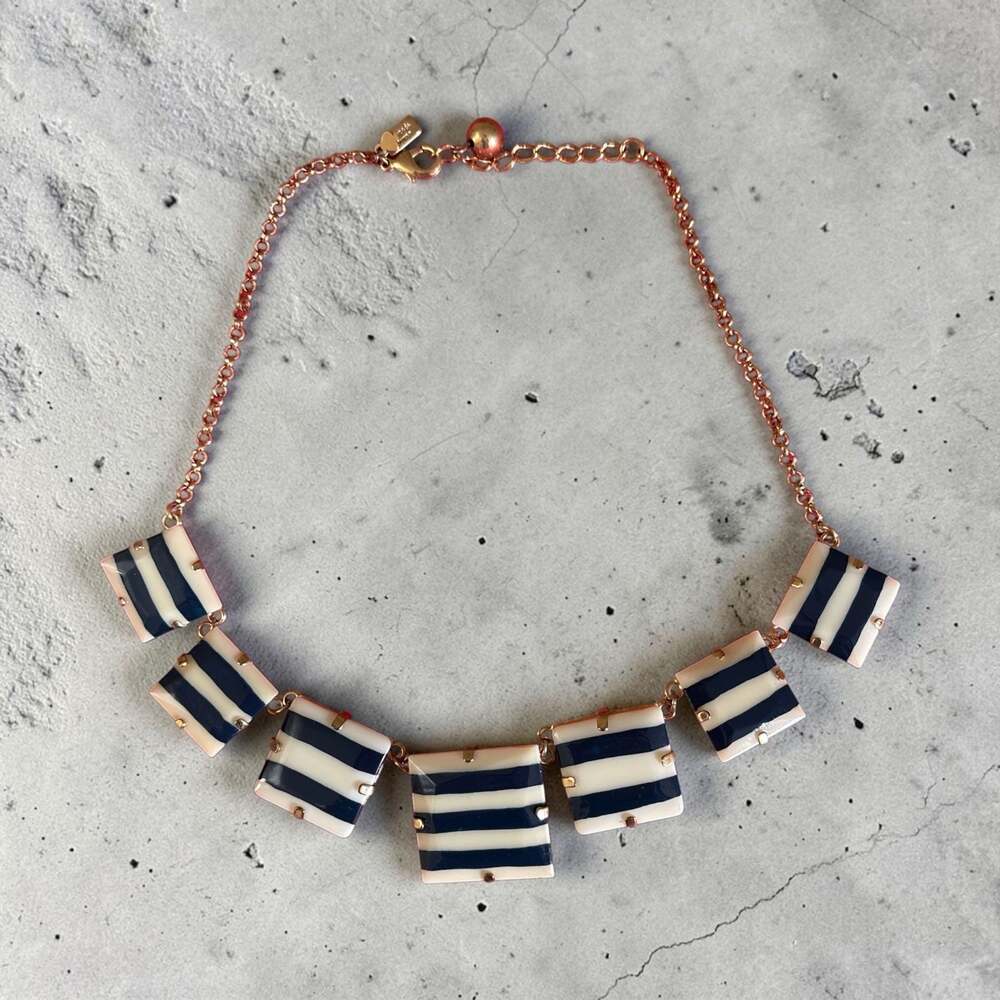 Vtg Signed Kate Spade Dark Blue Stripe Square Panel Necklace